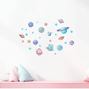 Detailed view of colorful cartoon planet wall stickers in a cozy nursery room setting