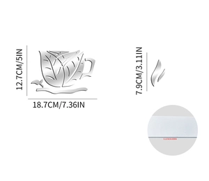 Detailed size chart for silver acrylic coffee cup mirror wall sticker with 1mm thickness