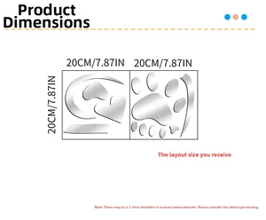 Size chart showing 20x20cm paw print and heart mirror acrylic wall stickers layout