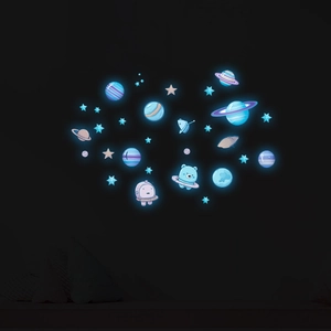 Luminous space theme wall stickers with planets, stars, and astronauts glowing in the dark