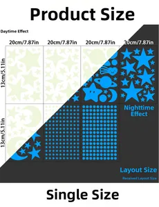 Detailed size chart for luminous star and moon wall stickers with day and night view