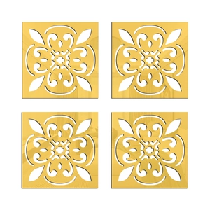 Lot de 4 autocollants muraux miroir en acrylique doré 1mm avec motifs floraux ajourés