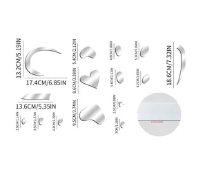 Detailed size chart for acrylic mirror wall stickers showing dimensions of various shapes