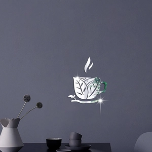 Detailed mirror-finish acrylic coffee cup wall sticker with steam and leaf patterns