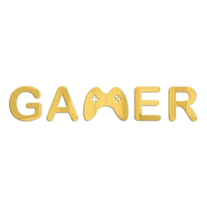 Detailed close-up of golden mirrored acrylic GAMER wall sticker with gamepad design