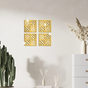 Detail of four golden geometric hollow acrylic mirror wall stickers in a modern living room