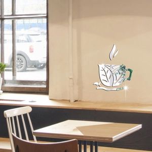 Acrylic Mirror Wall Sticker Coffee Cup Leaf Pattern Self Adhesive Mirror Decals For Kitchen Dining Room Cafe Wall Decor