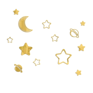 Macro view of gold acrylic star and moon mirror wall stickers with reflective surface