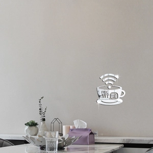 Adesivo murale a specchio in acrilico con tazza di caffè e design del segnale Wi-Fi