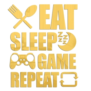 Dettaglio di adesivi murali in acrilico dorato con testo Eat Sleep Game Repeat