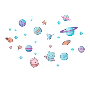 Detailed close-up of cartoon space planet stickers featuring blue bear and pink astronaut