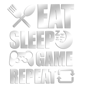 Adesivi murali 3D a specchio in acrilico con testo Eat Sleep Game Repeat e icone moderne