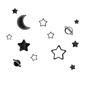 Black acrylic mirror wall stickers featuring crescent moon, stars, and Saturn celestial shapes