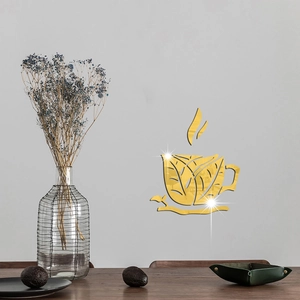 Artistic gold acrylic mirror wall sticker in coffee cup shape with leaf patterns