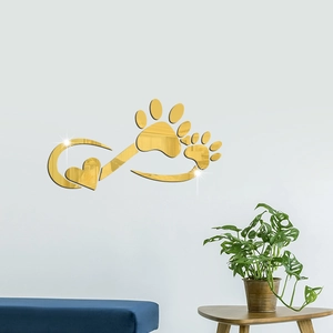 Modern gold mirror infinity heart and paw print acrylic wall decals in a white living room