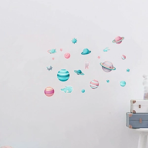 Detailed space-themed planet wall stickers in pastel colors for kids' bedroom wall decor