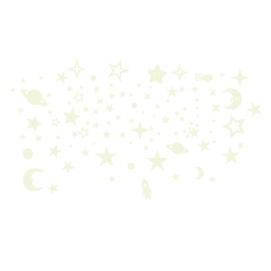 Detailed flat lay of stars, moon, and planet glowing wall stickers for kids' bedroom decor