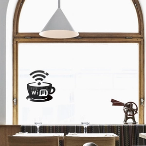 Adesivo murale a specchio in acrilico nero con tazza di caffè e simbolo WiFi su vetro
