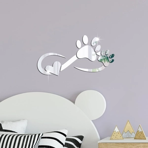Detailed view of silver acrylic infinity heart paw mirror wall sticker on bedroom wall