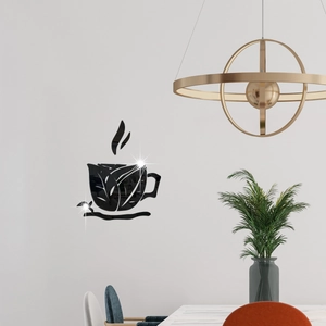 Modern black acrylic coffee cup mirror wall sticker with steam and leaf design on white wall