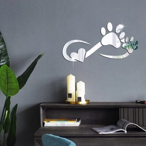 Macro detail of infinity heart and paw print silver acrylic mirror wall sticker