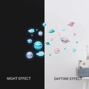 Luminous space wall decals showing daytime and night effect with stars and planets