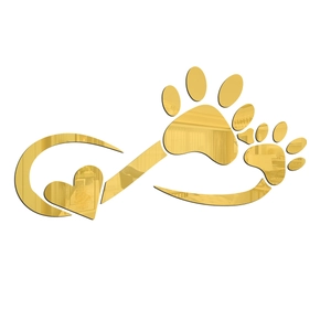 Detail showing golden acrylic mirror wall sticker with heart and pet paw prints