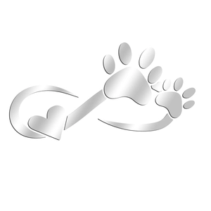 Detail of infinity heart paw print mirror wall sticker with 3D silver metallic finish