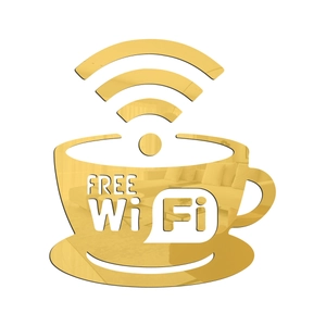 Adesivo murale specchio acrilico dorato con design tazza caffè e testo Wi-Fi gratuito