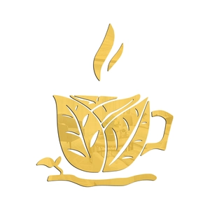 Macro detail of golden mirror acrylic coffee cup wall sticker with leaf texture