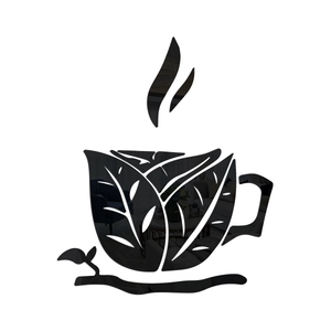 Black acrylic coffee cup wall sticker with mirror finish and leaf patterns for home decor