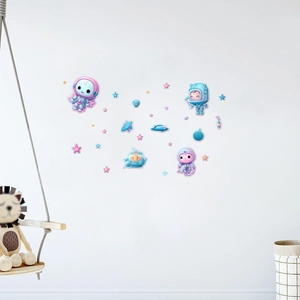Detailed view of luminous cartoon astronaut wall stickers set in a cozy kid's room