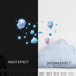 Glow in the dark wall stickers showing astronaut and planet night versus day effects