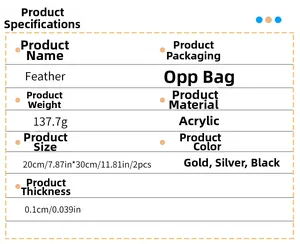 Detailed specifications table for acrylic feather wall stickers with dimensions and weight