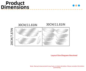 Detailed size chart for feather mirror acrylic wall stickers with measurement layouts