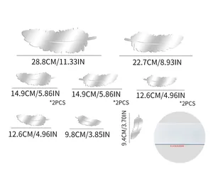 Detailed size chart for feather mirror wall stickers showing length and 0.1cm thickness