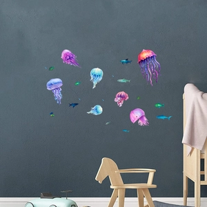 Detailed view of colorful jellyfish and fish wall stickers in a kids' bedroom setting