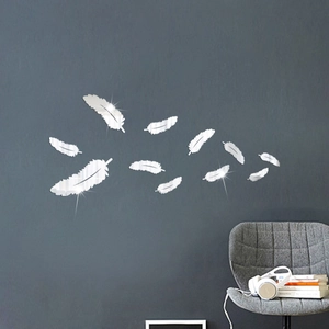 Silver mirror feather wall decals set with 3D acrylic mirror effect for living room decor