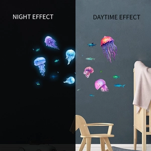 Luminous marine life wall decals showing night glow and daytime effect on kids bedroom wall