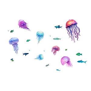 Luminous ocean themed wall stickers featuring colorful jellyfish and small sea fish patterns