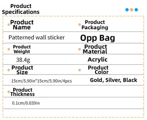 Detailed specification chart for 15x15cm acrylic mirrored wall stickers in gold and silver
