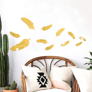 Set of 3D gold acrylic feather mirror wall decals for living room and bedroom decor