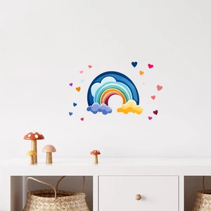 Detailed view of colorful rainbow wall stickers with clouds and hearts in kids room