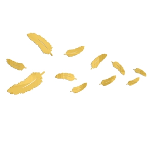 Close-up of 10-piece set golden mirror acrylic feather wall stickers for home decor