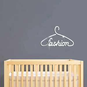 Modern silver acrylic mirror wall sticker with fashion text in a clothes hanger design