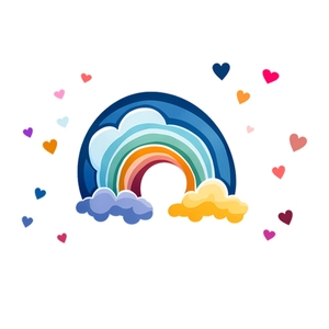 Detail of colorful rainbow wall sticker with clouds and hearts for kids bedroom decoration