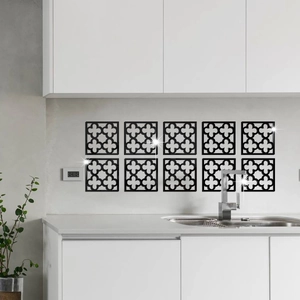 Set of 10 black hollow acrylic mirror wall stickers with geometric floral patterns for kitchen decor