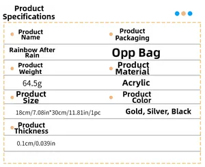 Specifications chart for acrylic rainbow wall stickers showing sizes and material details