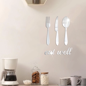Mirror acrylic cutlery wall stickers with 'eat well' text for modern kitchen decor