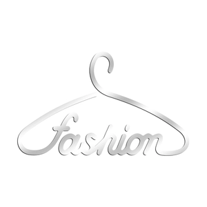 Detail of creative silver mirror wall sticker showing fashion word and hanger design